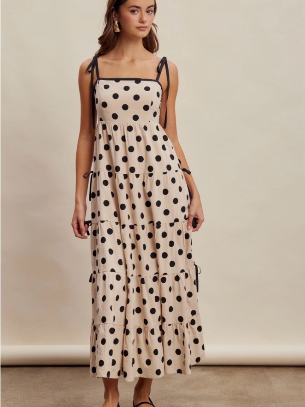 Polka Dot Tiered Maxi Dress with Tie Straps - Beige with Black Dots